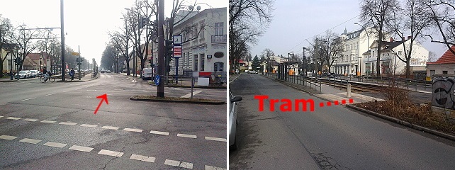 Blick von der Kreuzung in Richtung rote Schule und auf den vorderen Haltestellenbereich der Tram